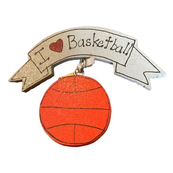I Love Basketball Hand Painted Pin Wooden Pin Pendant - Picture 2 of 6